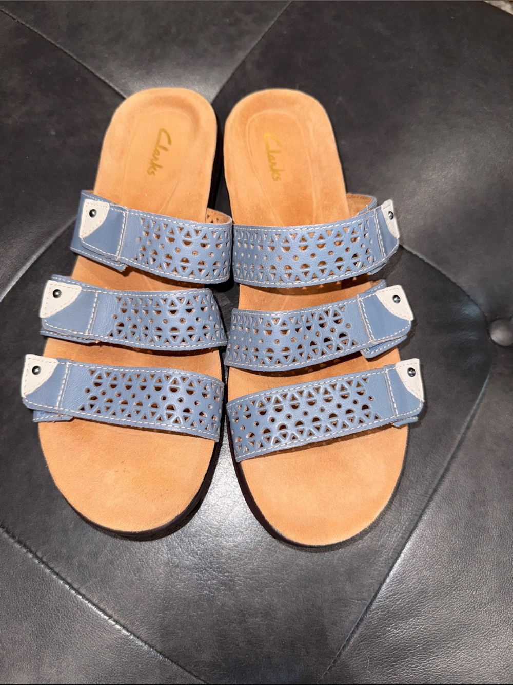 Clarks Women's Kitly Walk Light Blue Triple-Strap Laser-Cut Slide Sandals - Picture 5 of 13